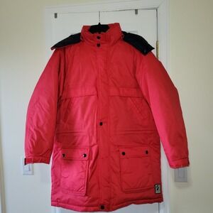 Overcast L Down Coat Red 6 Pockets Removable Hood Double Zipper AS IS